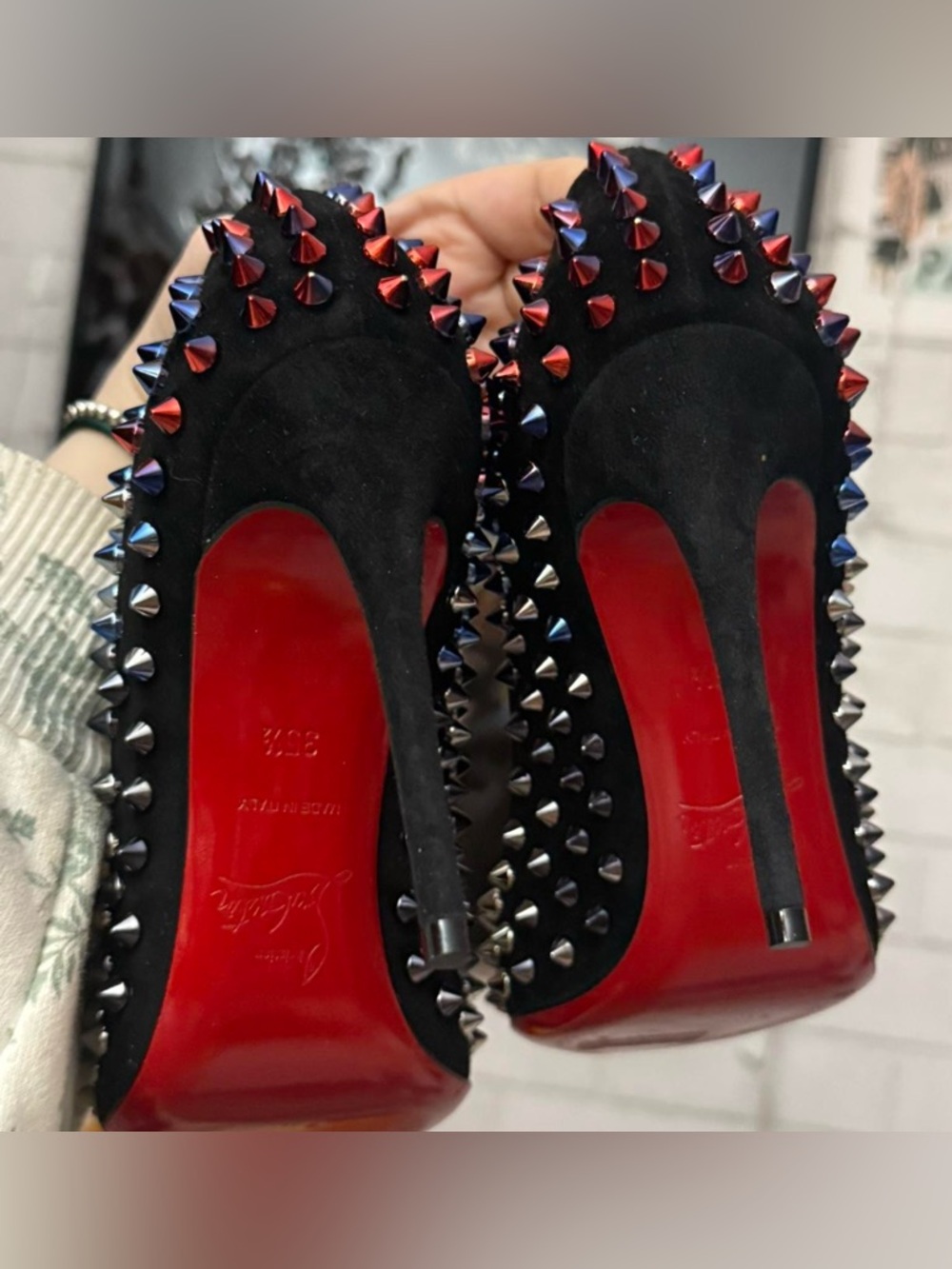 Christian Louboutin Black Suede Multi-Colored Pigalle Spike Red Sole Pumps - Picture 5 of 7